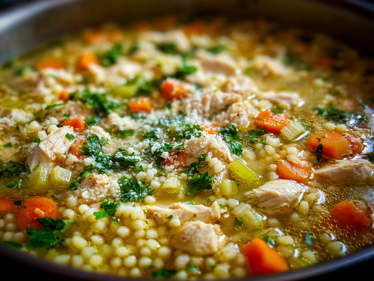 Close-up of a steaming pot filled with Italian penicillin soup, featuring chicken, carrots, celery, acini di pepe pasta, and grated cheese.