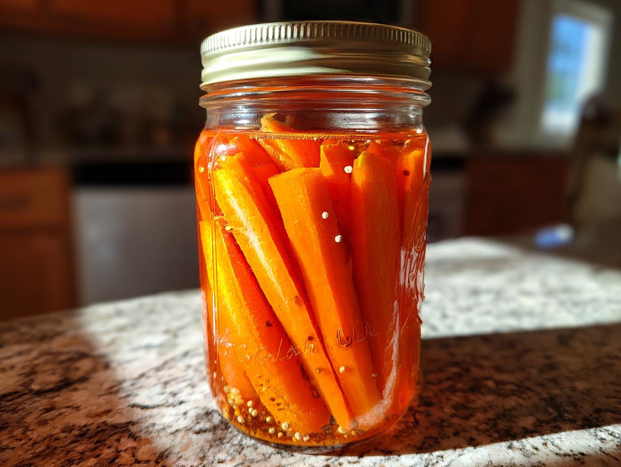Close-up of bright orange pickled carrots packed tightly in a glass mason jar with pickling spices.