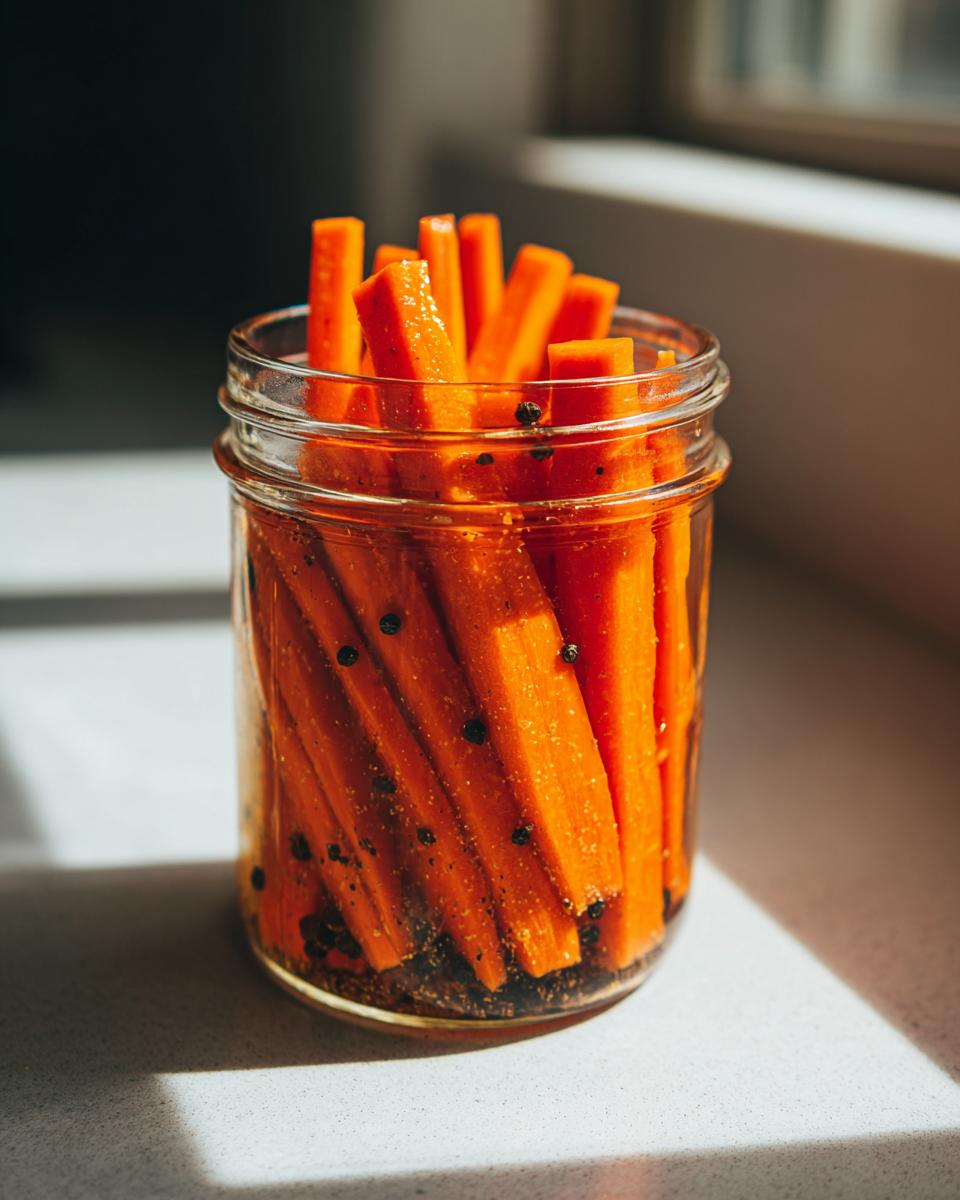 Close-up of bright orange pickled carrots cut into sticks inside a glass jar with visible black peppercorns.
