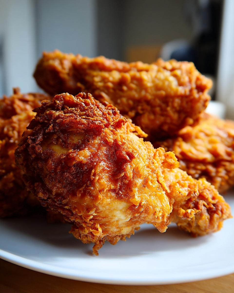 Close-up of several perfectly crispy, golden-brown pieces of air fryer fried chicken piled on a white plate.