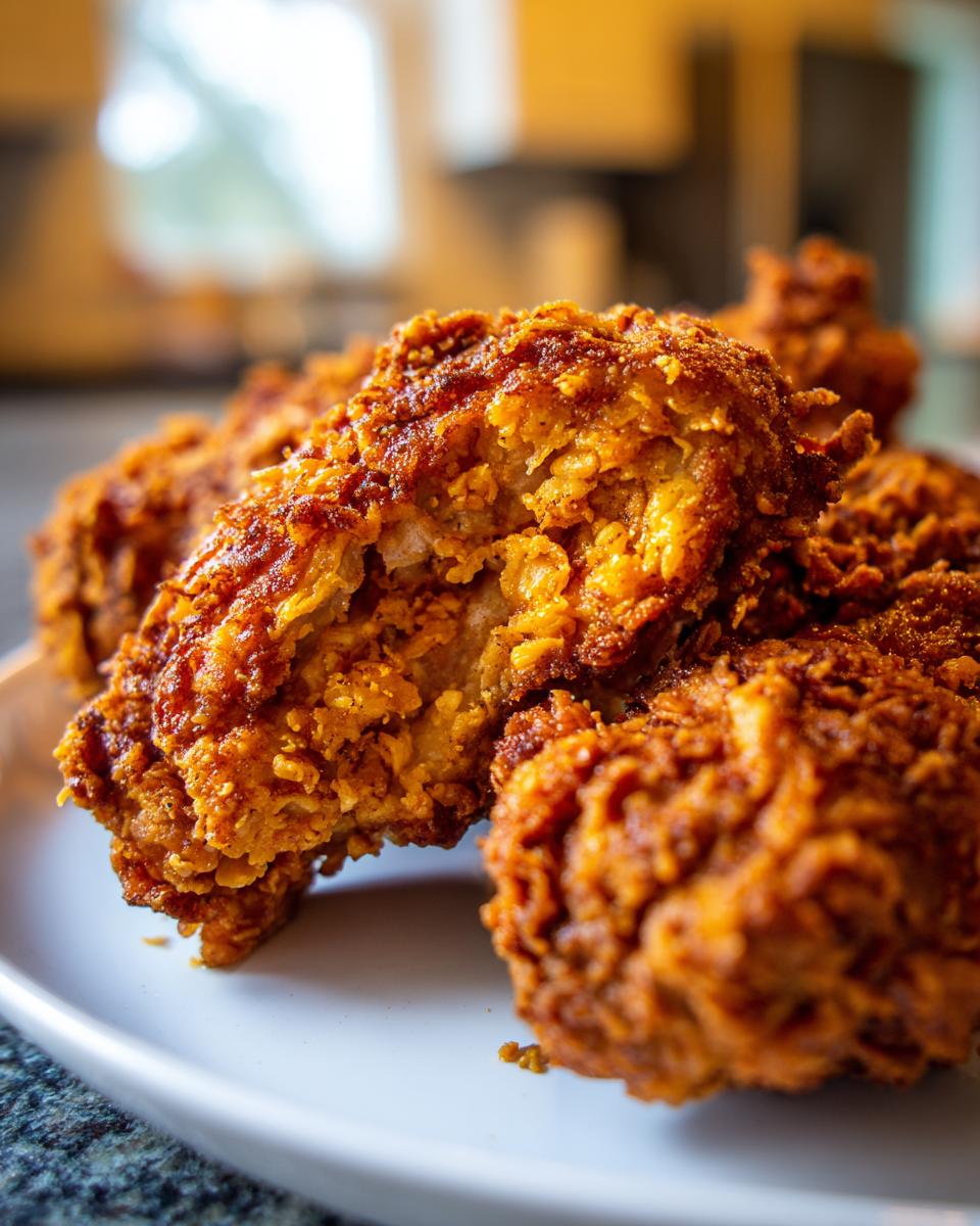 Close-up showing the crispy, golden-brown exterior and juicy interior of air fryer fried chicken pieces on a white plate.