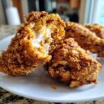 Close-up of juicy air fryer fried chicken, showing the crispy coating and tender white meat inside.