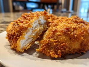 Close-up of juicy air fryer fried chicken cut in half showing white, moist interior and crispy golden breading.
