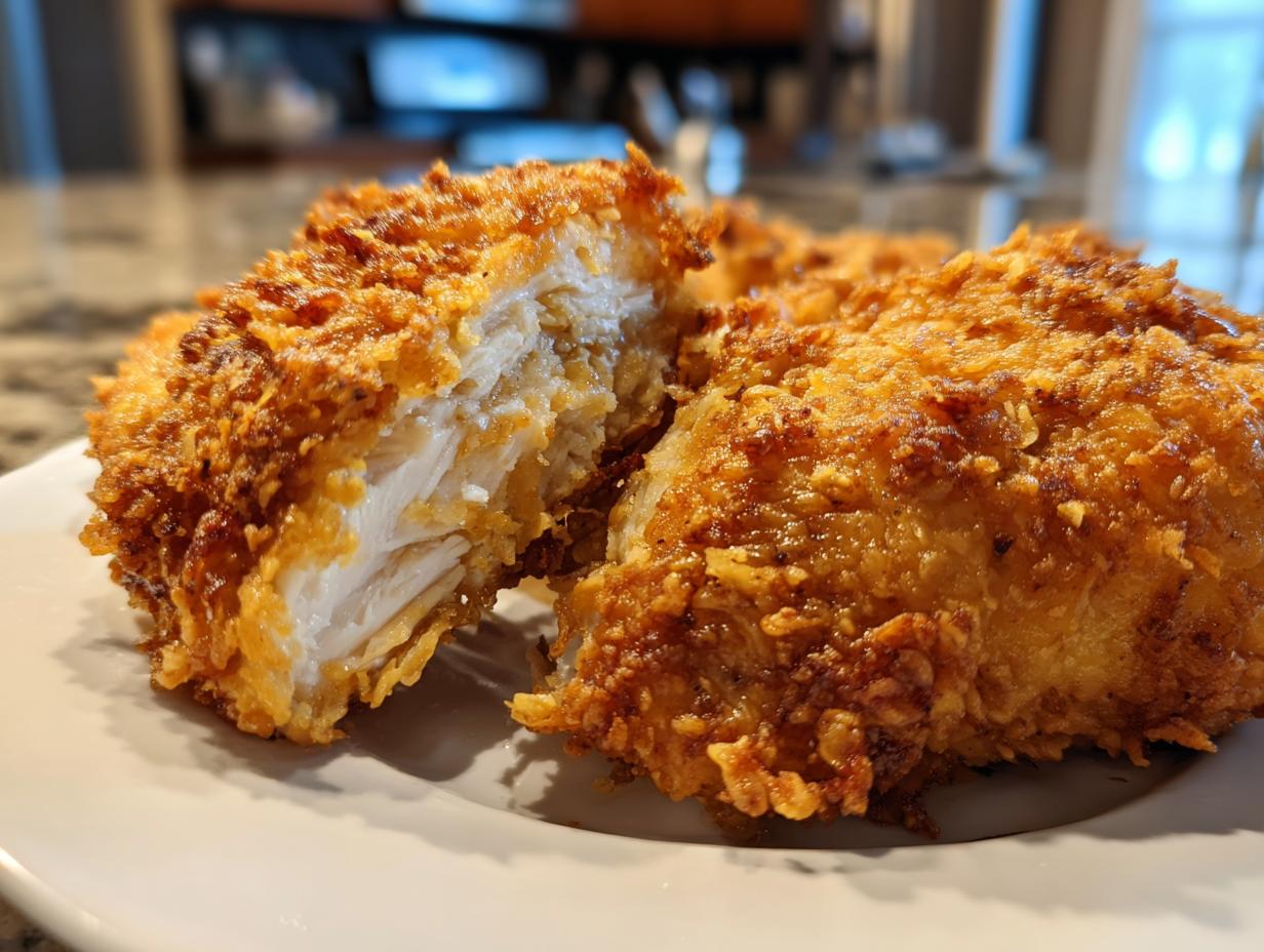 Close-up of juicy air fryer fried chicken cut in half showing white, moist interior and crispy golden breading.