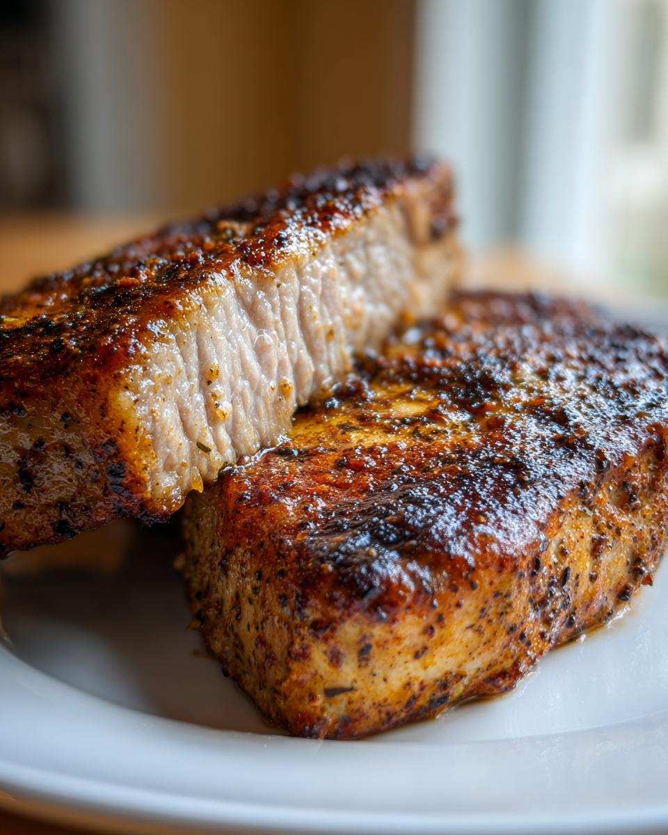 Close-up of two perfectly cooked air fryer pork chops, showing a juicy interior and dark, seasoned crust.