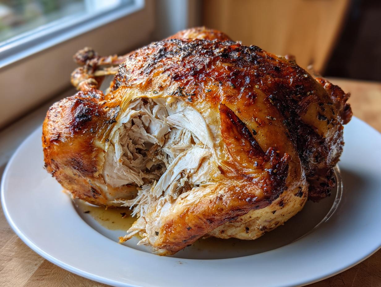 A perfectly roasted whole chicken with crispy, browned skin, showing shredded white meat exposed on a white plate.