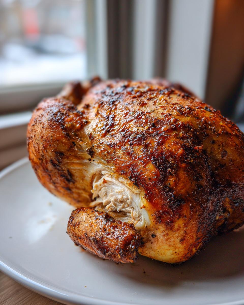 A perfectly roasted whole chicken with dark, crispy, seasoned skin resting on a white plate.