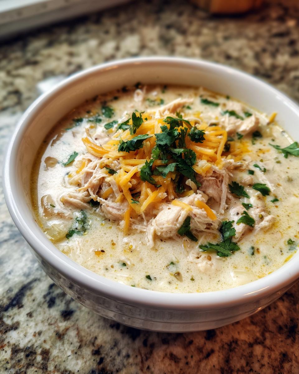 A close-up of a bowl of creamy keto white chicken chili topped with shredded cheese and fresh cilantro.