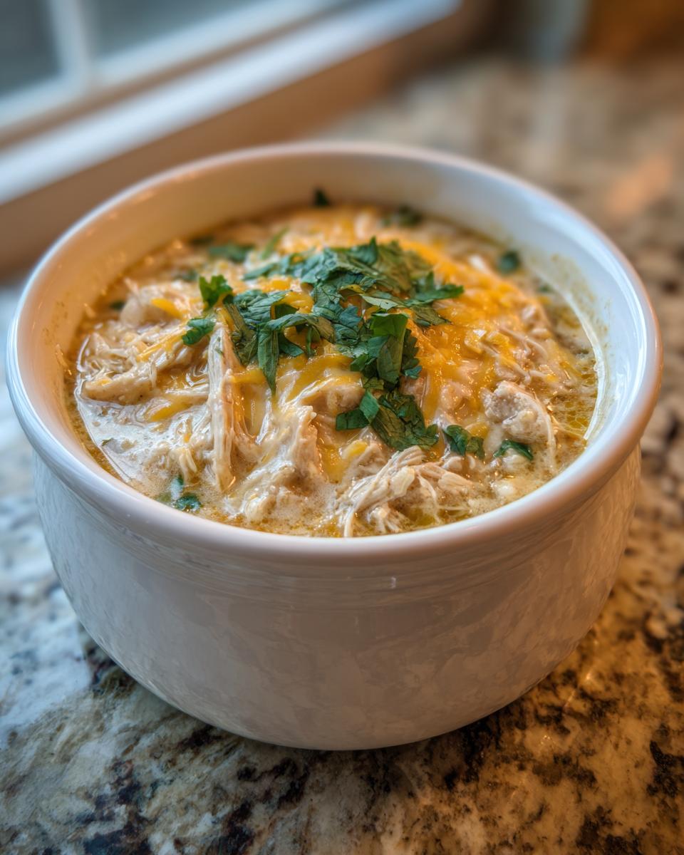 A close-up of a white bowl filled with creamy keto white chicken chili, topped with melted cheddar cheese and fresh cilantro.