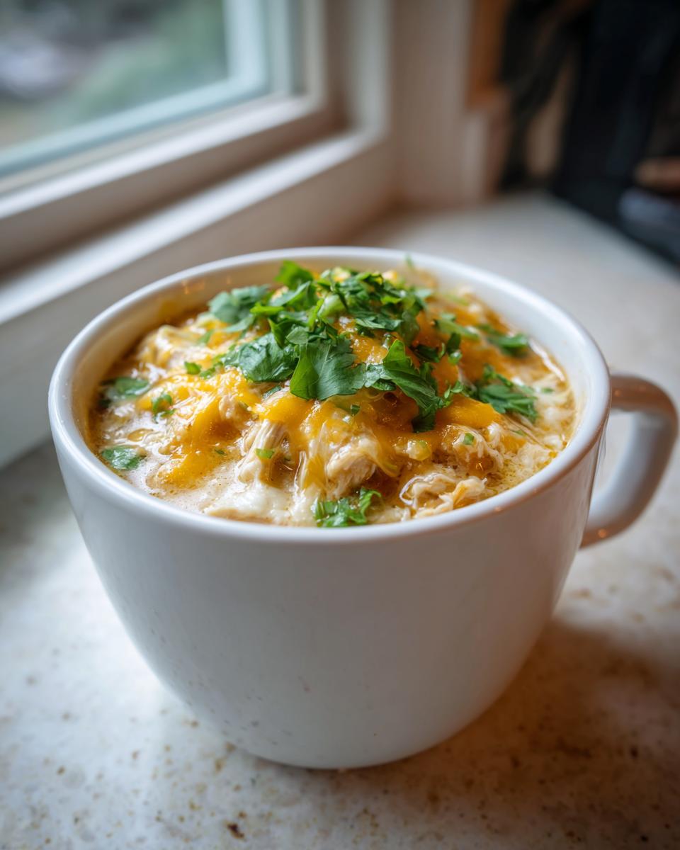 A close-up of a white mug filled with creamy keto white chicken chili, topped with melted cheese and fresh cilantro.