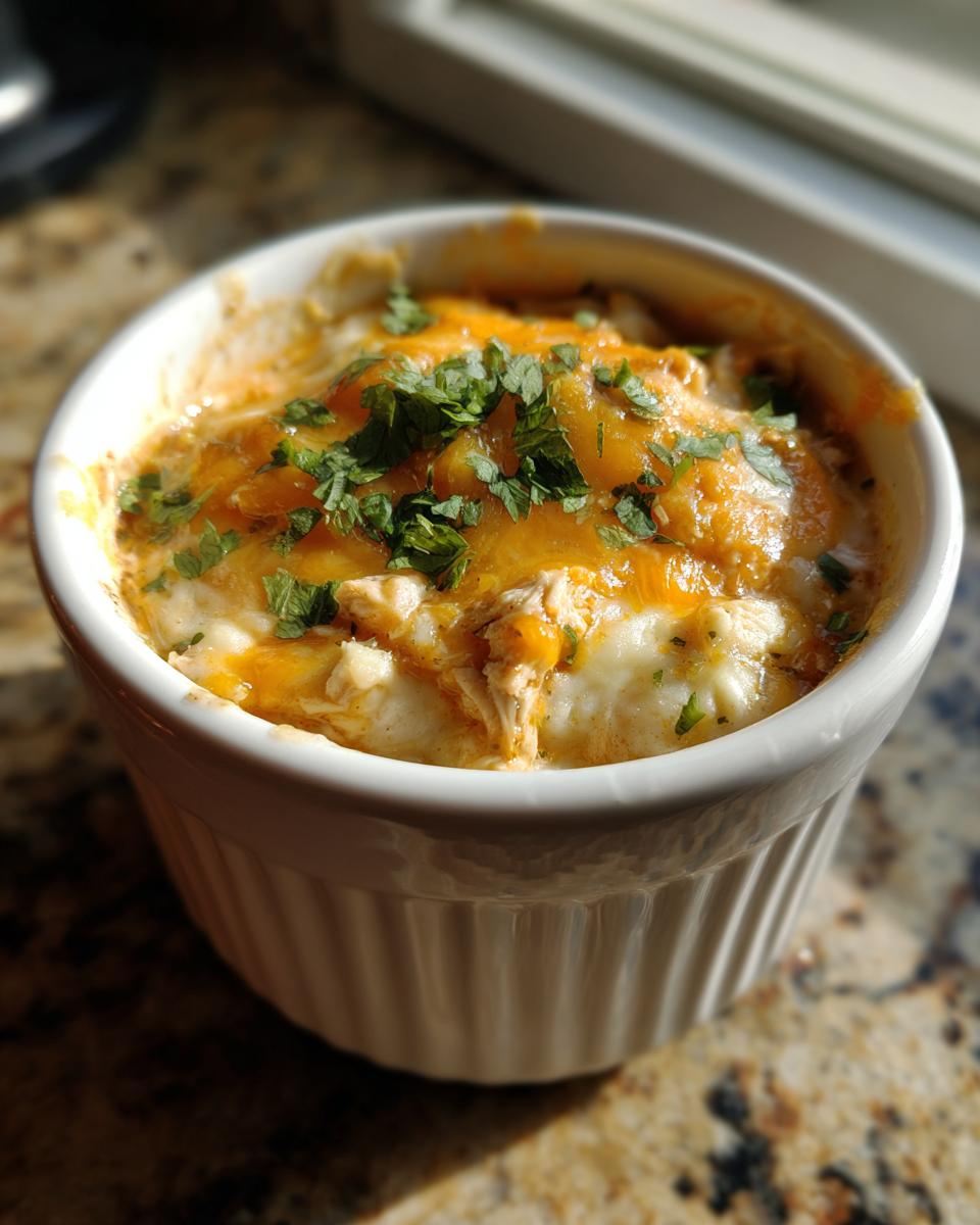 A single serving of keto white chicken chili topped with melted cheddar cheese and fresh cilantro in a white ramekin.
