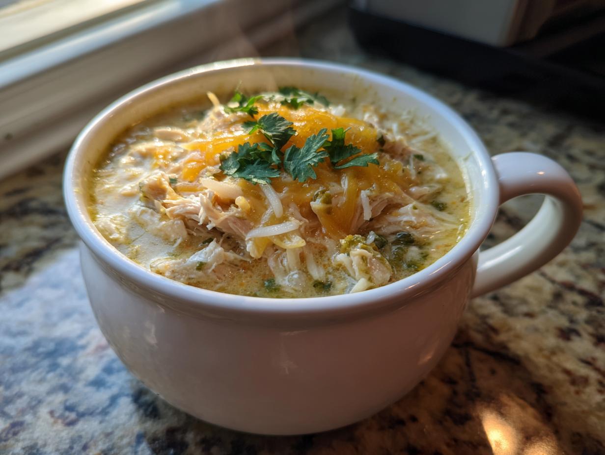 Close-up of a steaming white mug filled with keto white chicken chili, topped with shredded cheese and fresh cilantro.