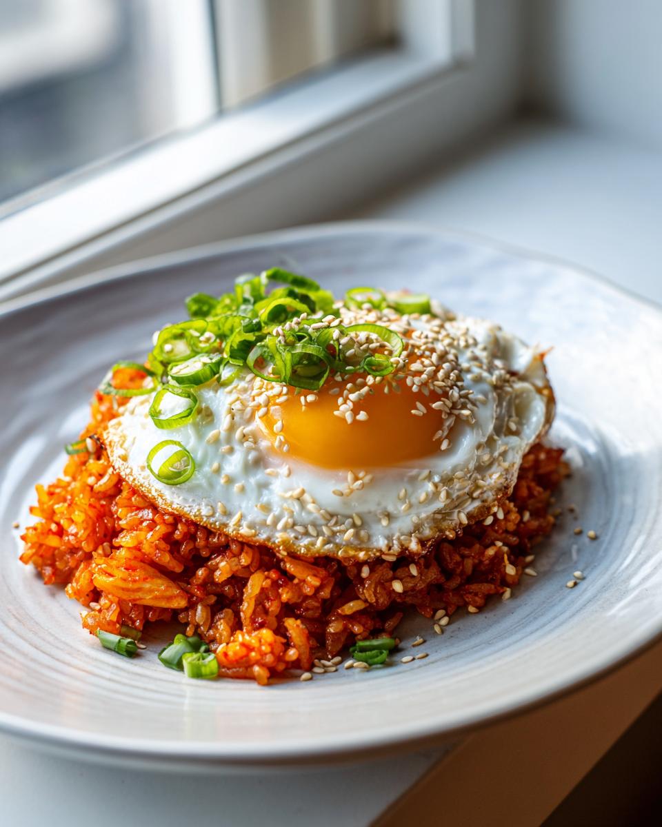 A serving of vibrant kimchi fried rice topped with a sunny-side-up egg, sesame seeds, and green onions.