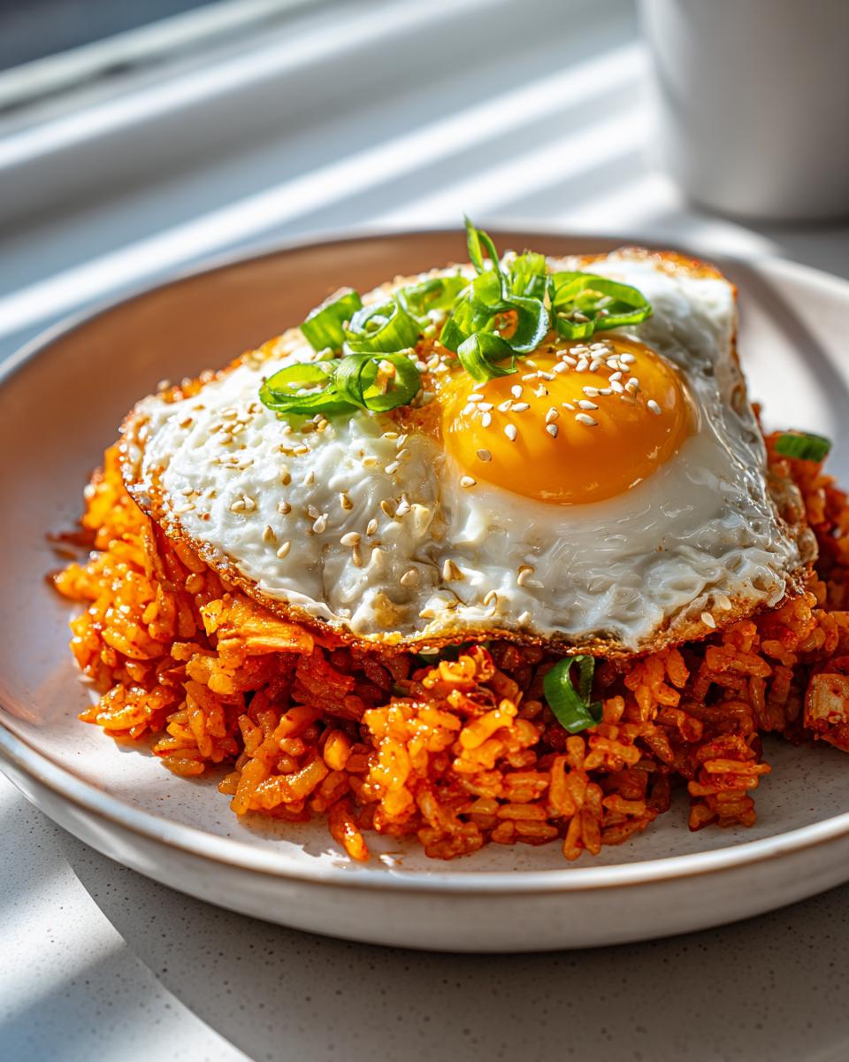 A close-up of bright orange kimchi fried rice topped with a perfectly fried egg, sesame seeds, and green onions.