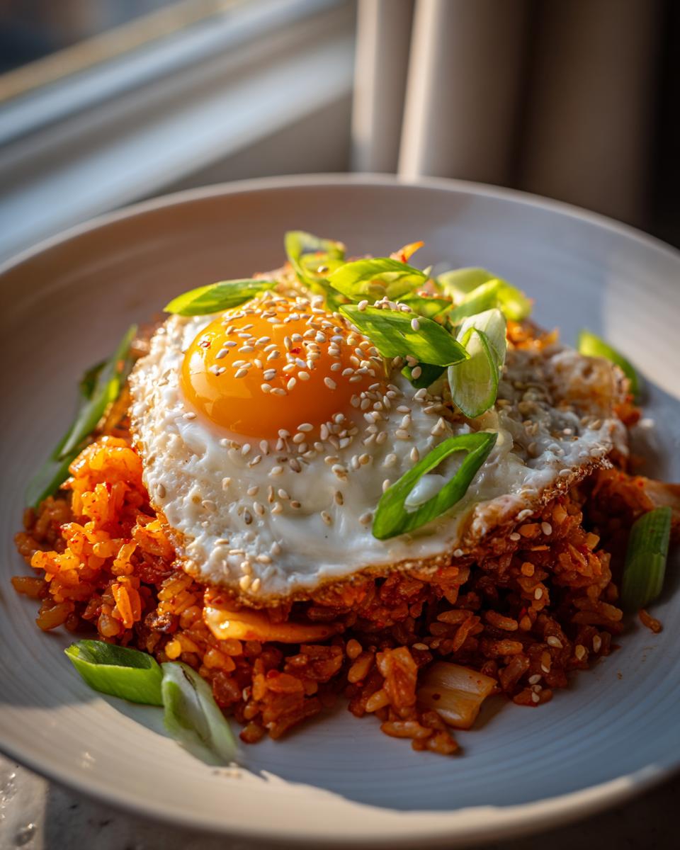 Close-up of vibrant kimchi fried rice topped with a sunny-side-up egg, sesame seeds, and green onions.