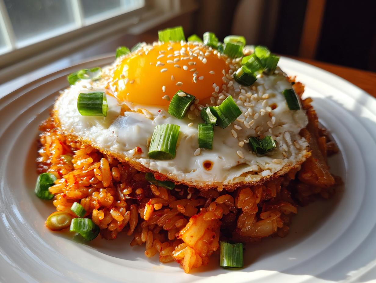 A vibrant mound of kimchi fried rice topped with a perfectly cooked sunny-side-up egg, sesame seeds, and chopped green onions.