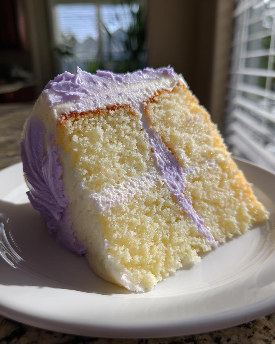 Close-up of a moist slice of lavender cake showing yellow sponge layers and light purple frosting.