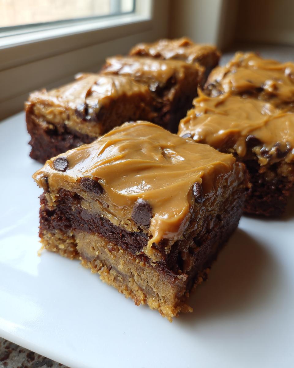 A close-up of a moist, layered banana bread brownies square topped with thick peanut butter frosting and chocolate chips.