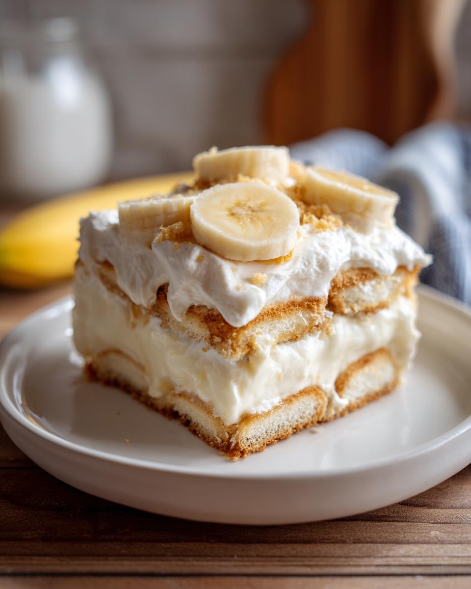 A perfect square slice of layered banana pudding topped with whipped cream and fresh banana slices.