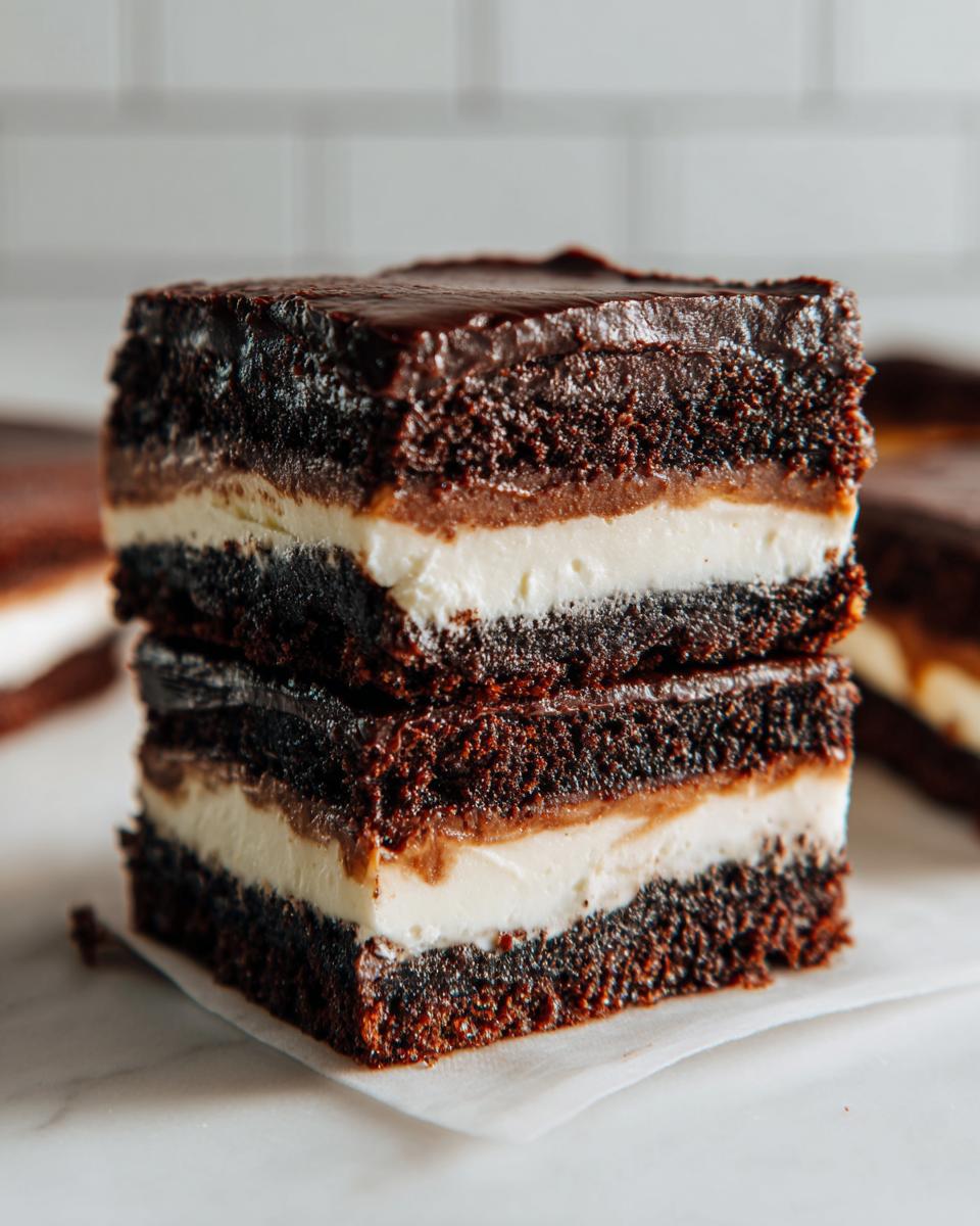 A rich, layered square of brownie refrigerator cake showing dark chocolate cake, white cream, and caramel layers.