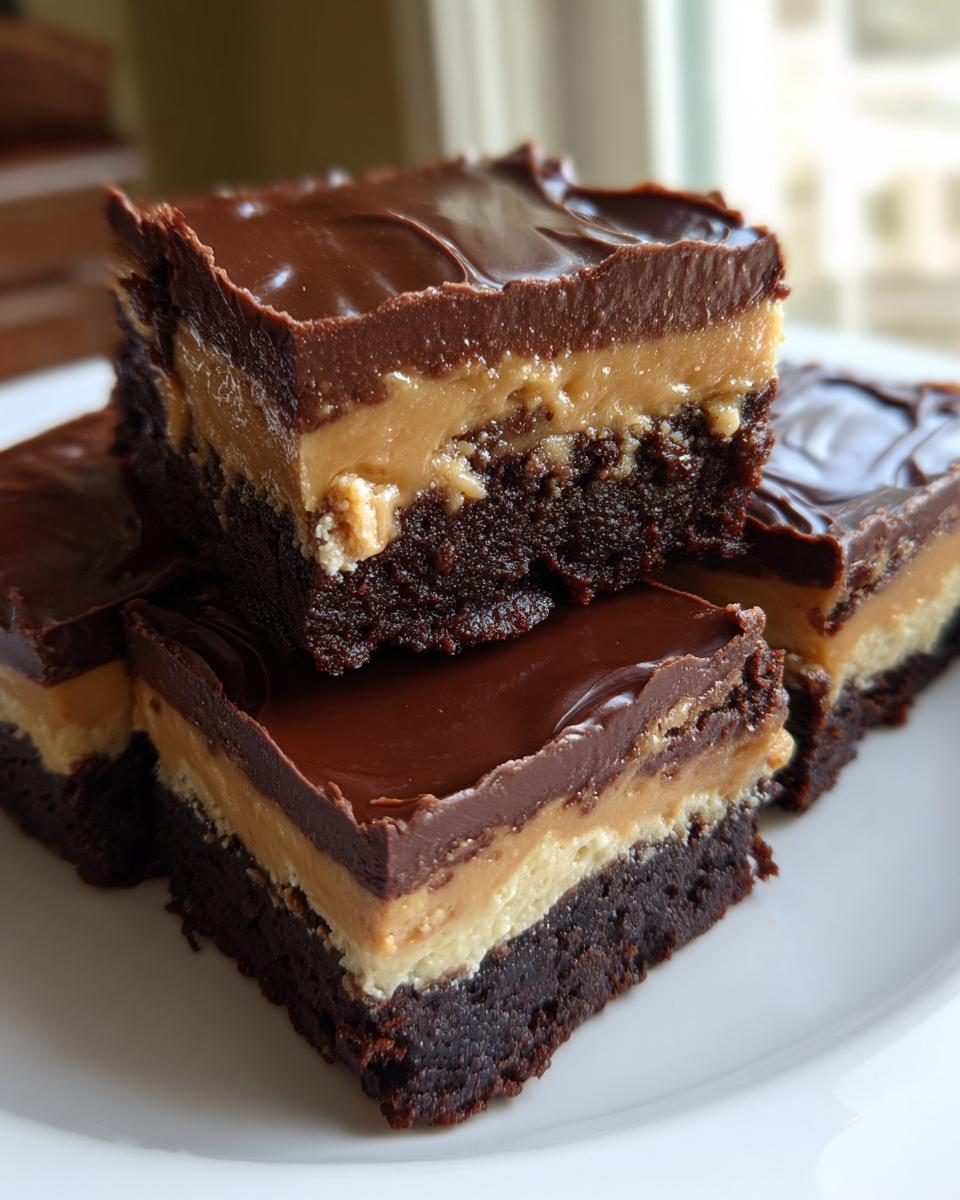 Close-up of stacked, rich, three-layer buckeye brownies featuring a dark chocolate base, peanut butter filling, and chocolate ganache topping.