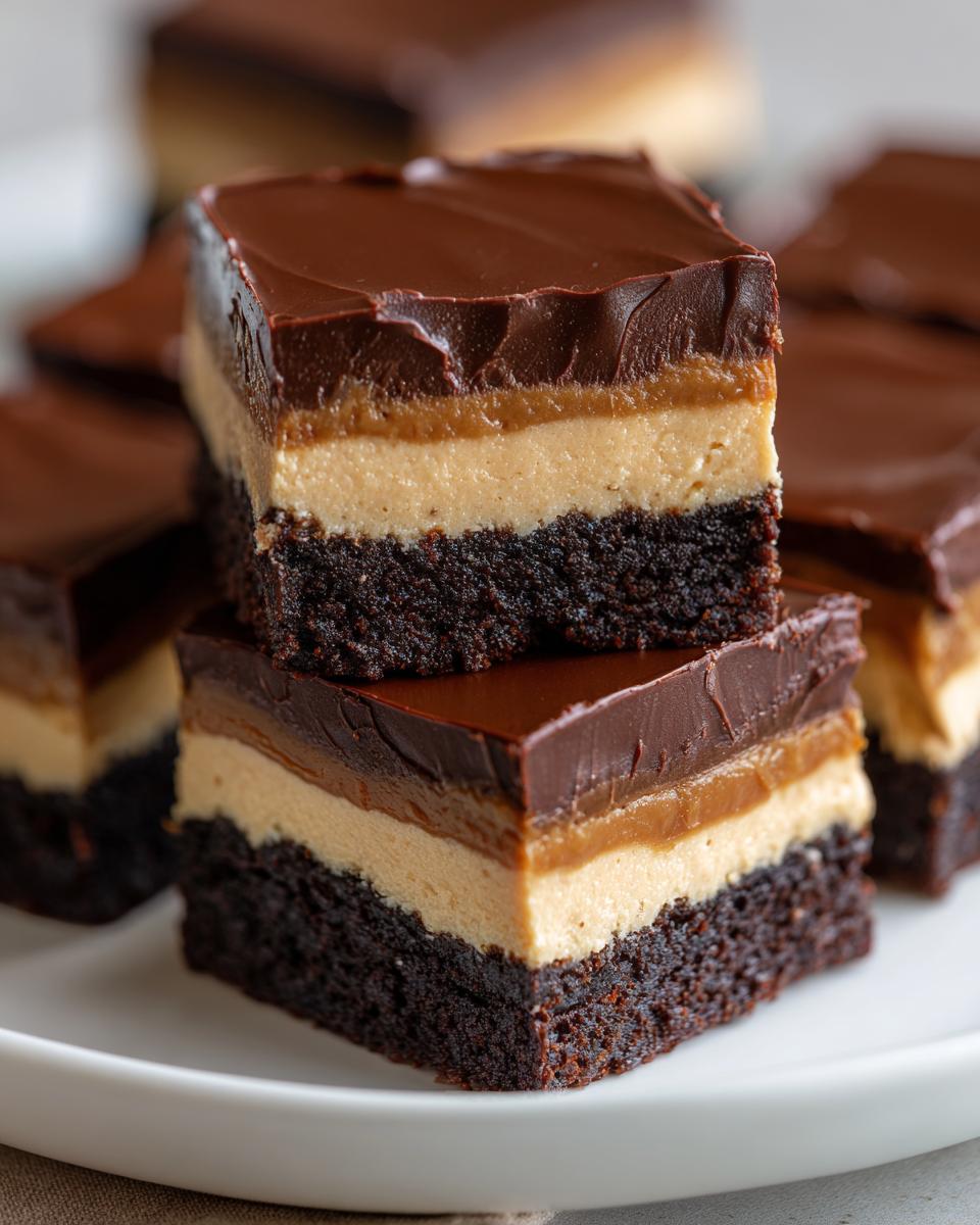 Two stacked squares of rich buckeye brownies showing the dark chocolate base, peanut butter layer, caramel swirl, and chocolate ganache top.