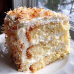 Close-up of a moist slice of layered coconut cake recipe covered in white frosting and toasted coconut flakes.