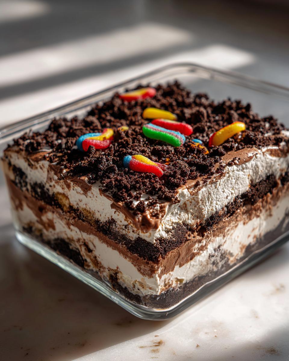 Close-up of a layered dirt cake in a square glass dish, topped with crushed cookies and colorful gummy worms.