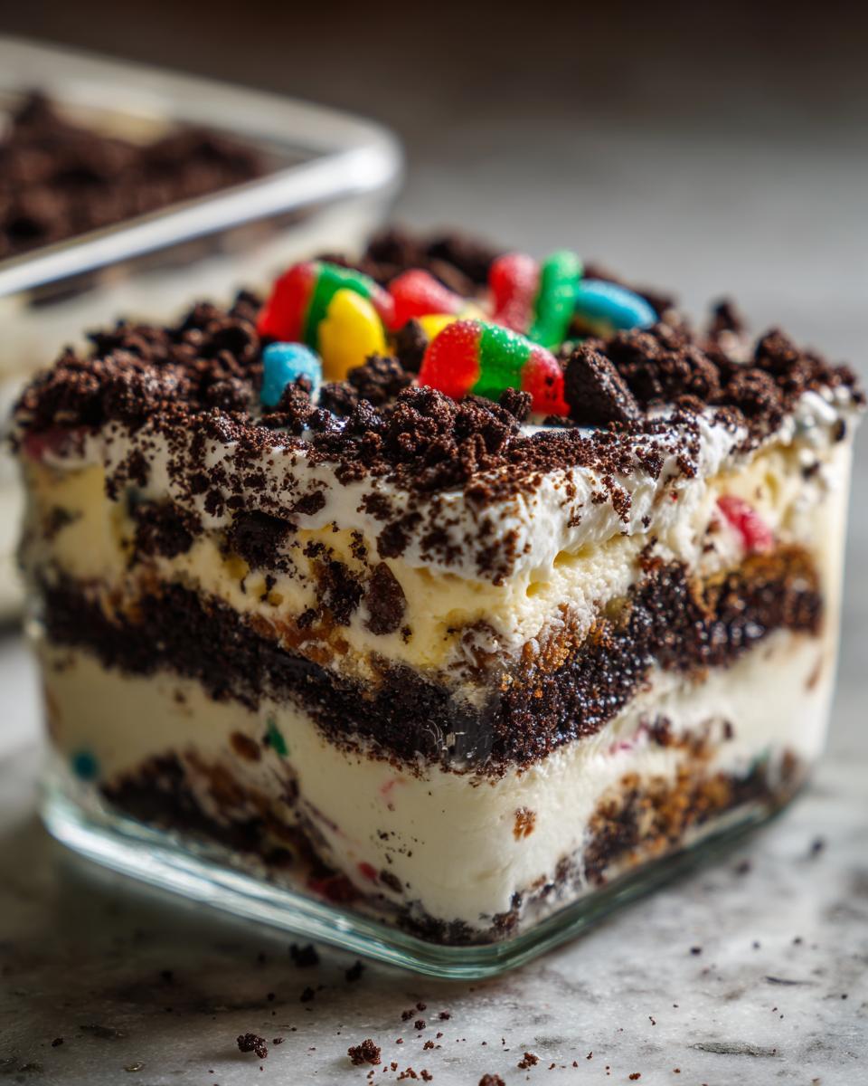 A close-up view of a single serving of layered dirt cake, topped with crushed cookies and colorful gummy worms.