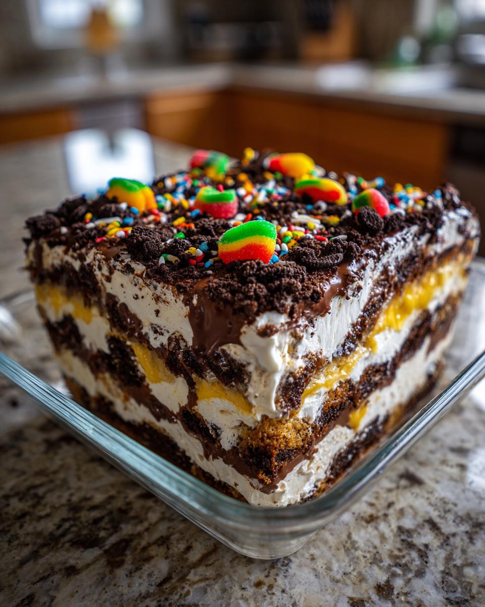 A close-up of a layered dirt cake in a glass dish, topped with crushed cookies, sprinkles, and gummy candies.