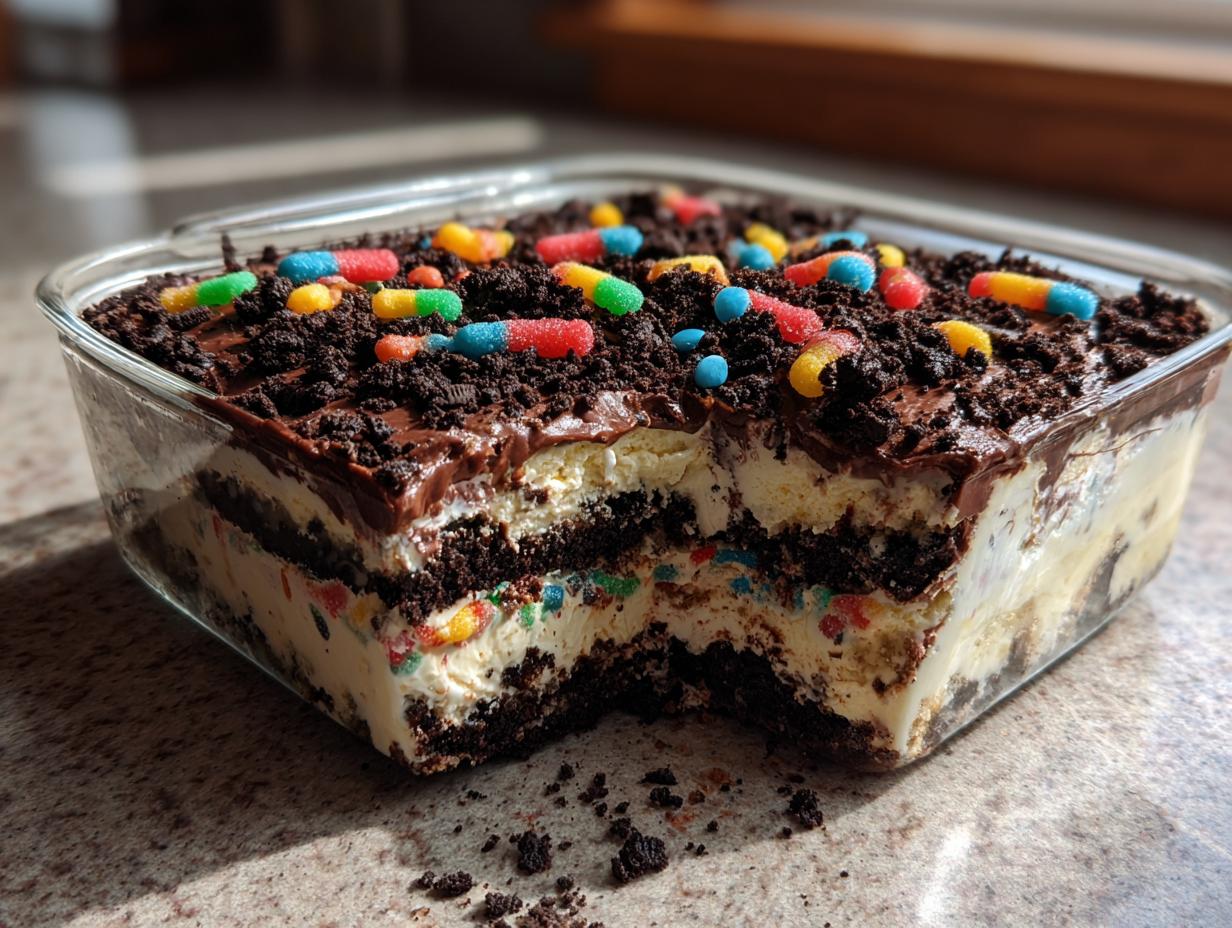 A close-up of a layered dirt cake in a glass dish, showing chocolate cookie layers, creamy filling, and gummy worms on top.