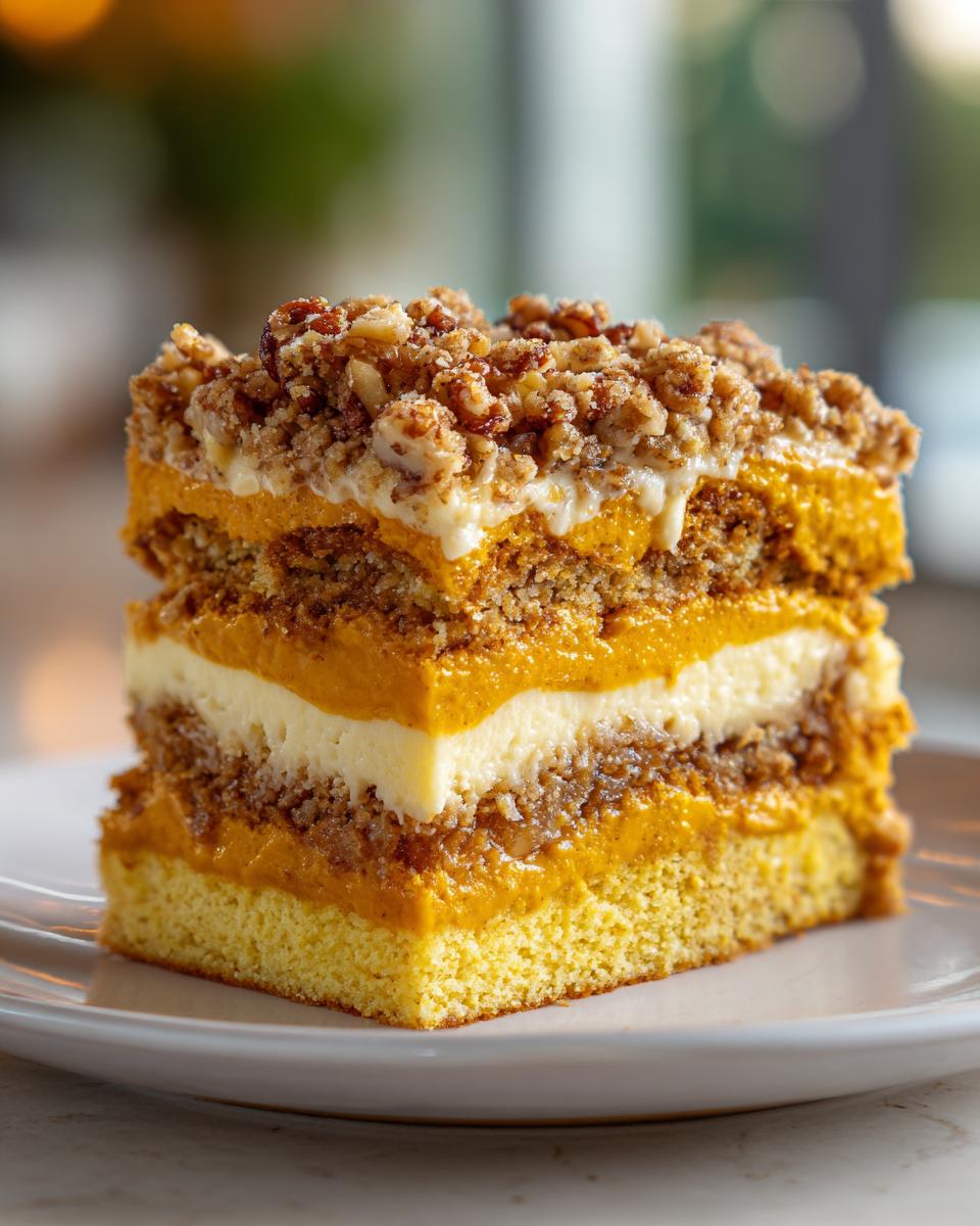 Close-up of a layered slice of pumpkin crunch dessert showing cake, pumpkin filling, cream cheese, and nut topping.