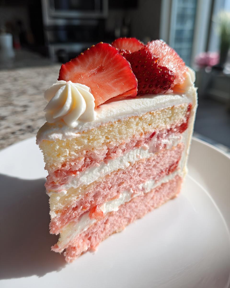 Close-up of a slice of layered strawberry cake showing pink and yellow sponge, white frosting, and fresh strawberry slices on top.