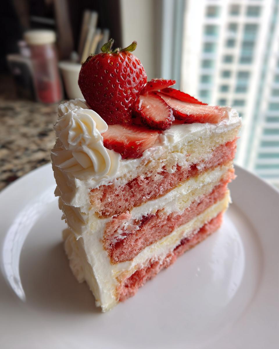 A tall slice of layered strawberry cake with white frosting, topped with a whole strawberry and sliced strawberries.