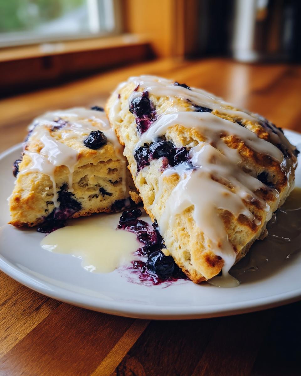 Two freshly baked lemon blueberry scones, generously drizzled with white glaze, sitting on a white plate.