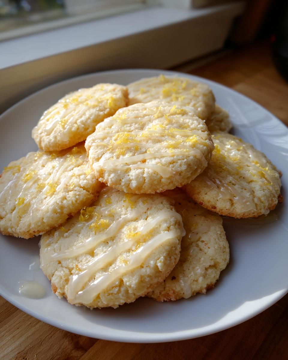 A stack of freshly baked, round earl grey cookies drizzled with lemon glaze and topped with zest.