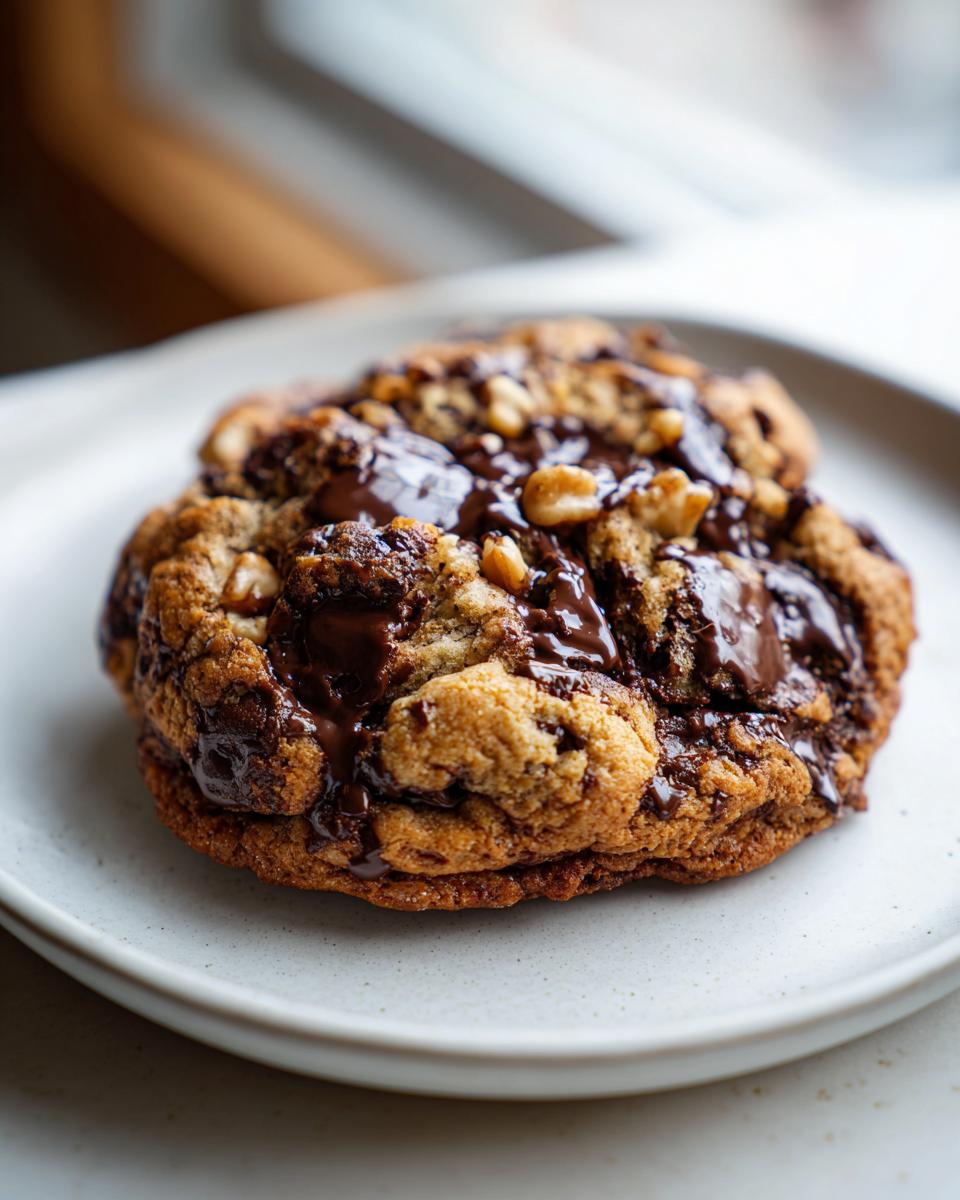 A close-up of a thick, gooey levain bakery chocolate chip cookie topped with melted chocolate and walnuts on a light plate.
