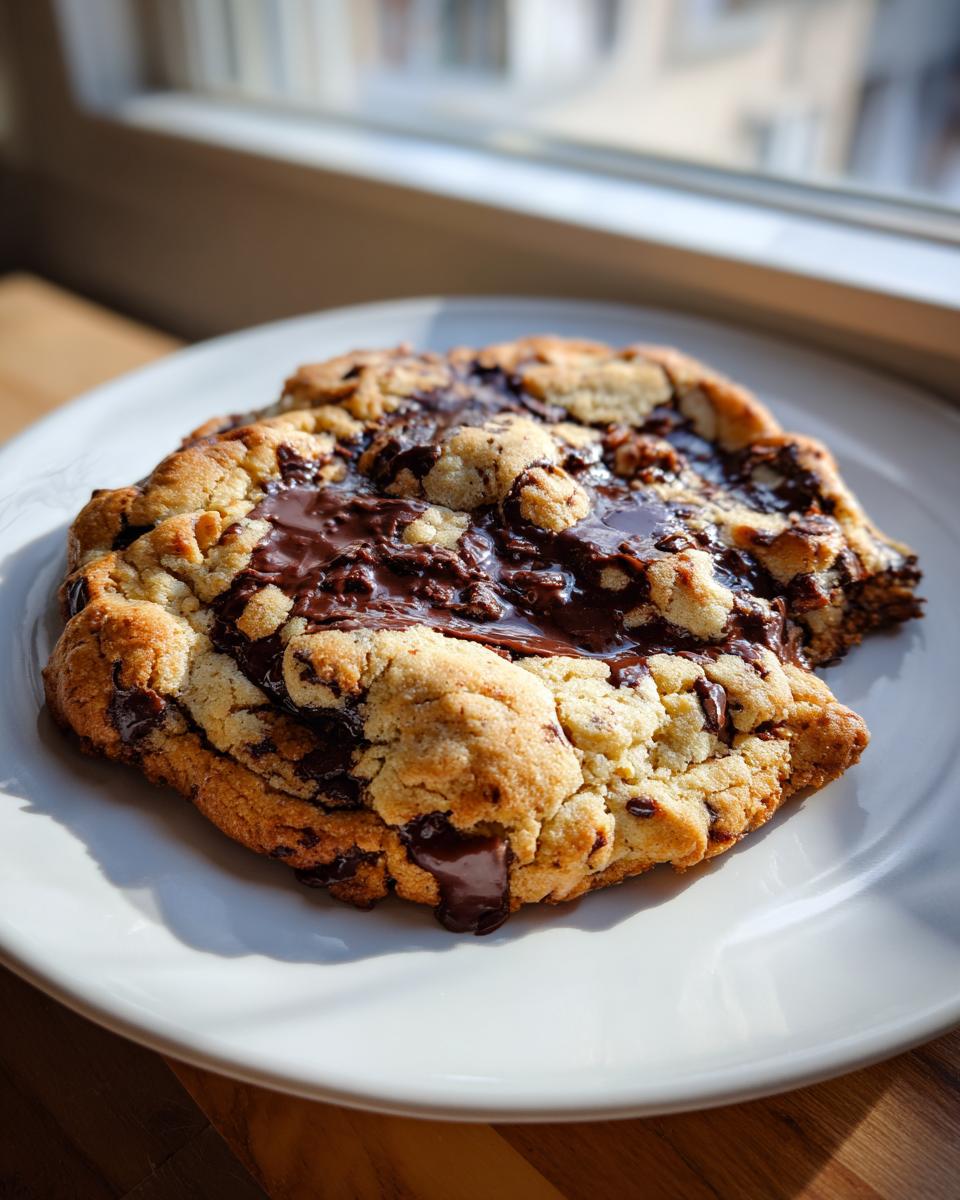A thick, freshly baked levain bakery chocolate chip cookie with melted chocolate pools, resting on a white plate near a window.