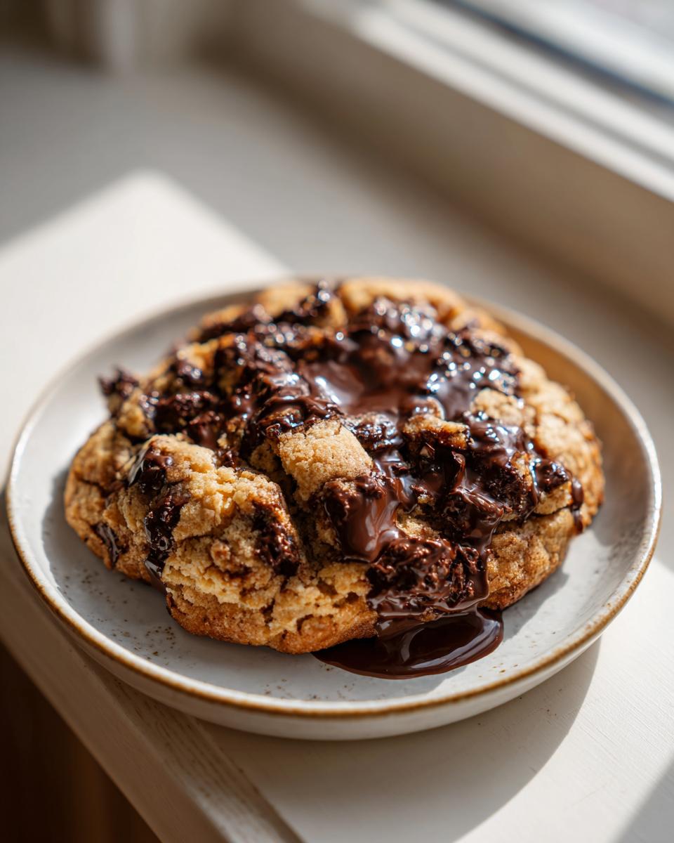 A thick, gooey levain bakery chocolate chip cookie topped with melted, dripping dark chocolate, sitting on a small plate.