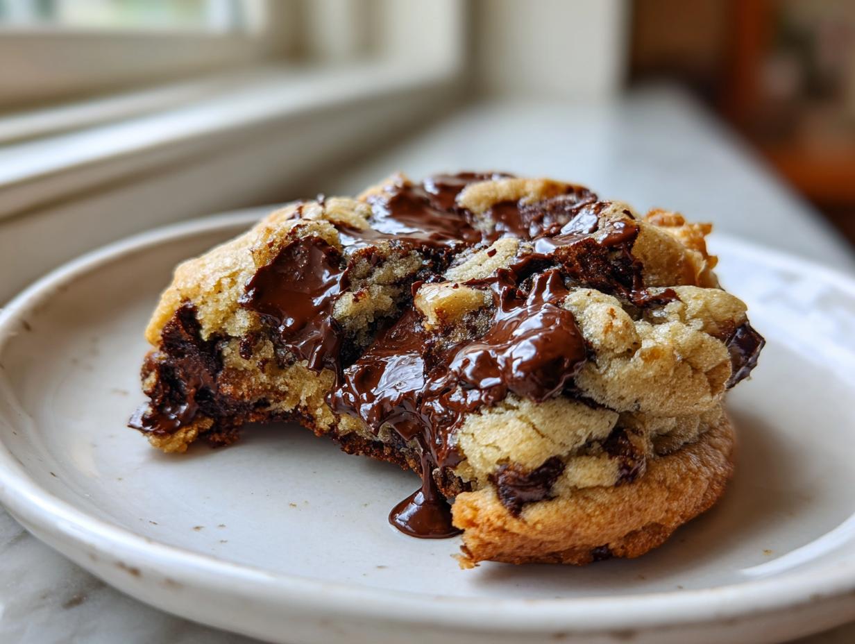 Close-up of a thick, gooey levain bakery chocolate chip cookies half-eaten, showing melted chocolate.