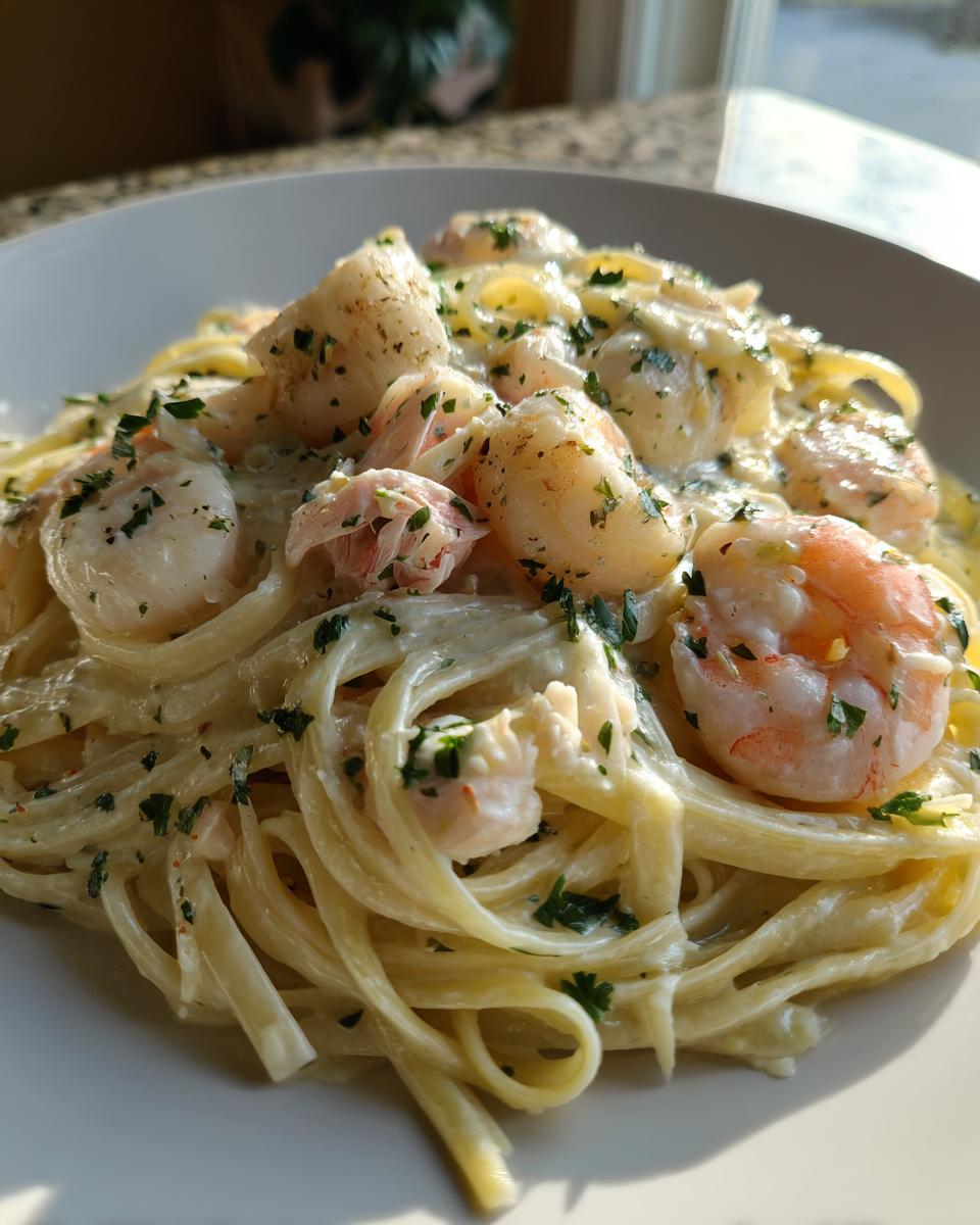Close-up of luxurious seafood pasta featuring fettuccine tossed in a creamy sauce with plump shrimp and scallops, garnished with parsley.