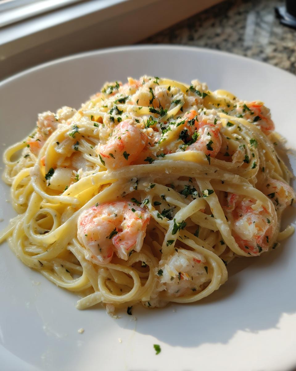 A close-up of creamy seafood pasta featuring linguine, shrimp, and fresh parsley garnish.
