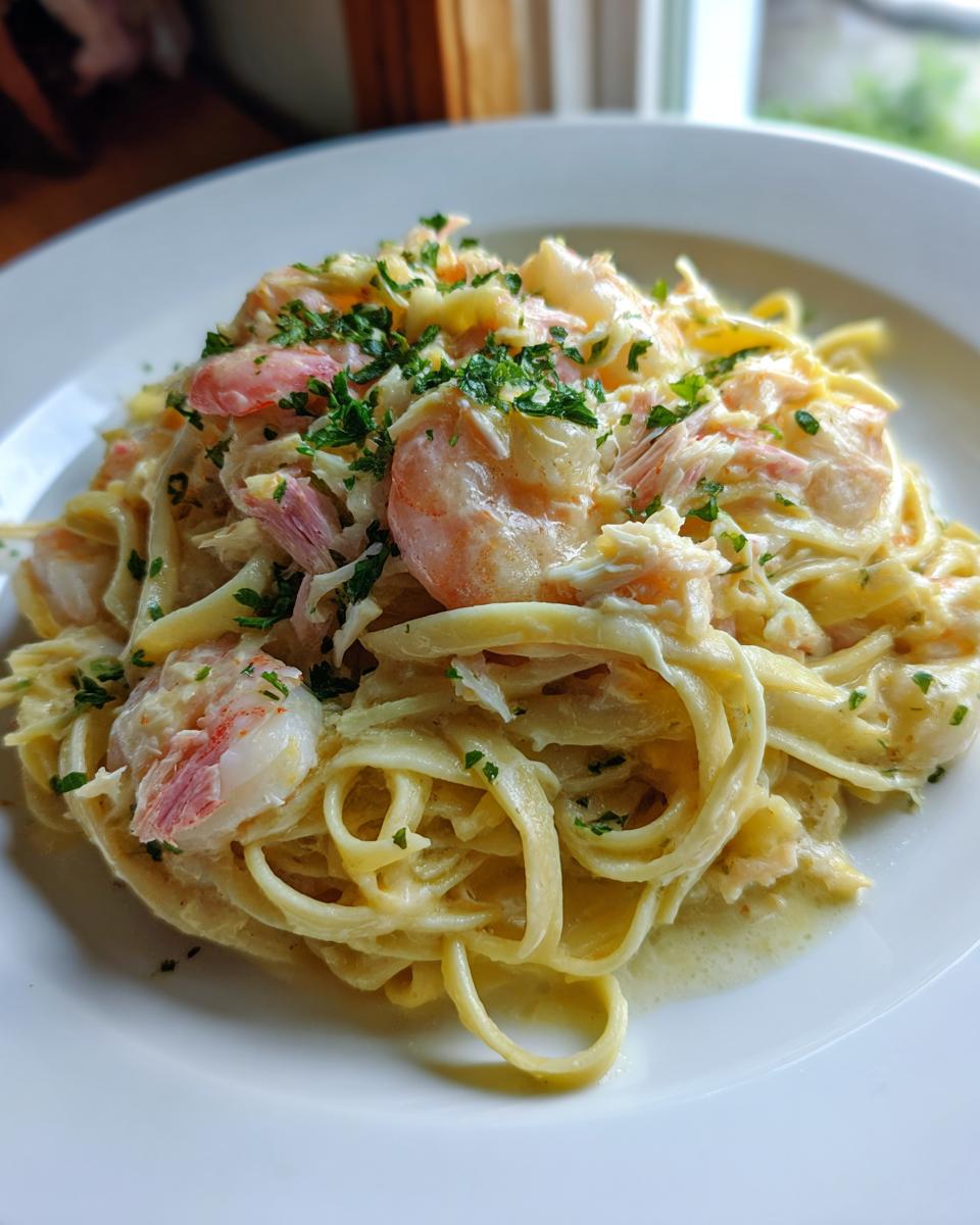 Close-up of a creamy seafood pasta dish featuring fettuccine, shrimp, and fresh parsley garnish.