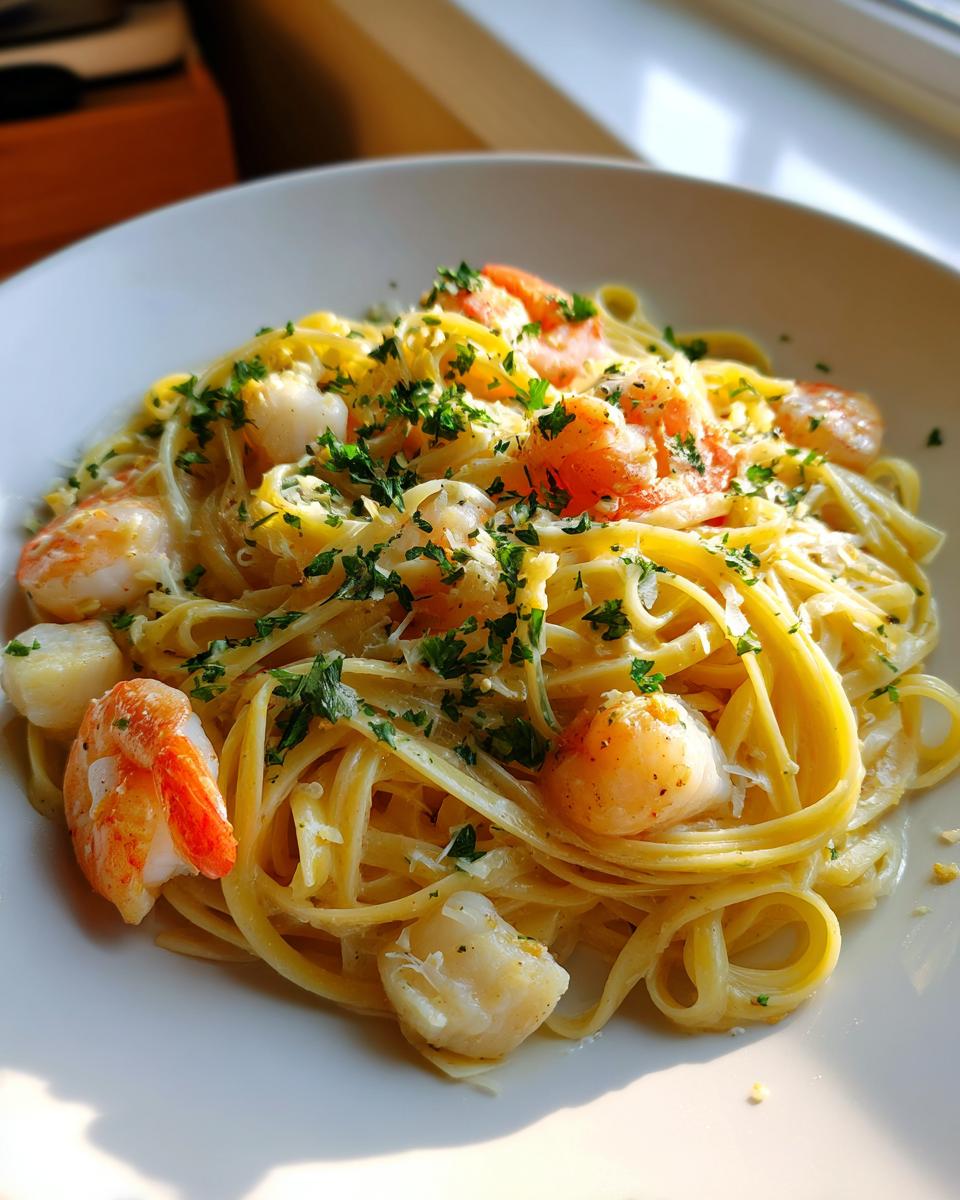 A close-up of luxurious seafood pasta featuring linguine, shrimp, scallops, and fresh parsley garnish.
