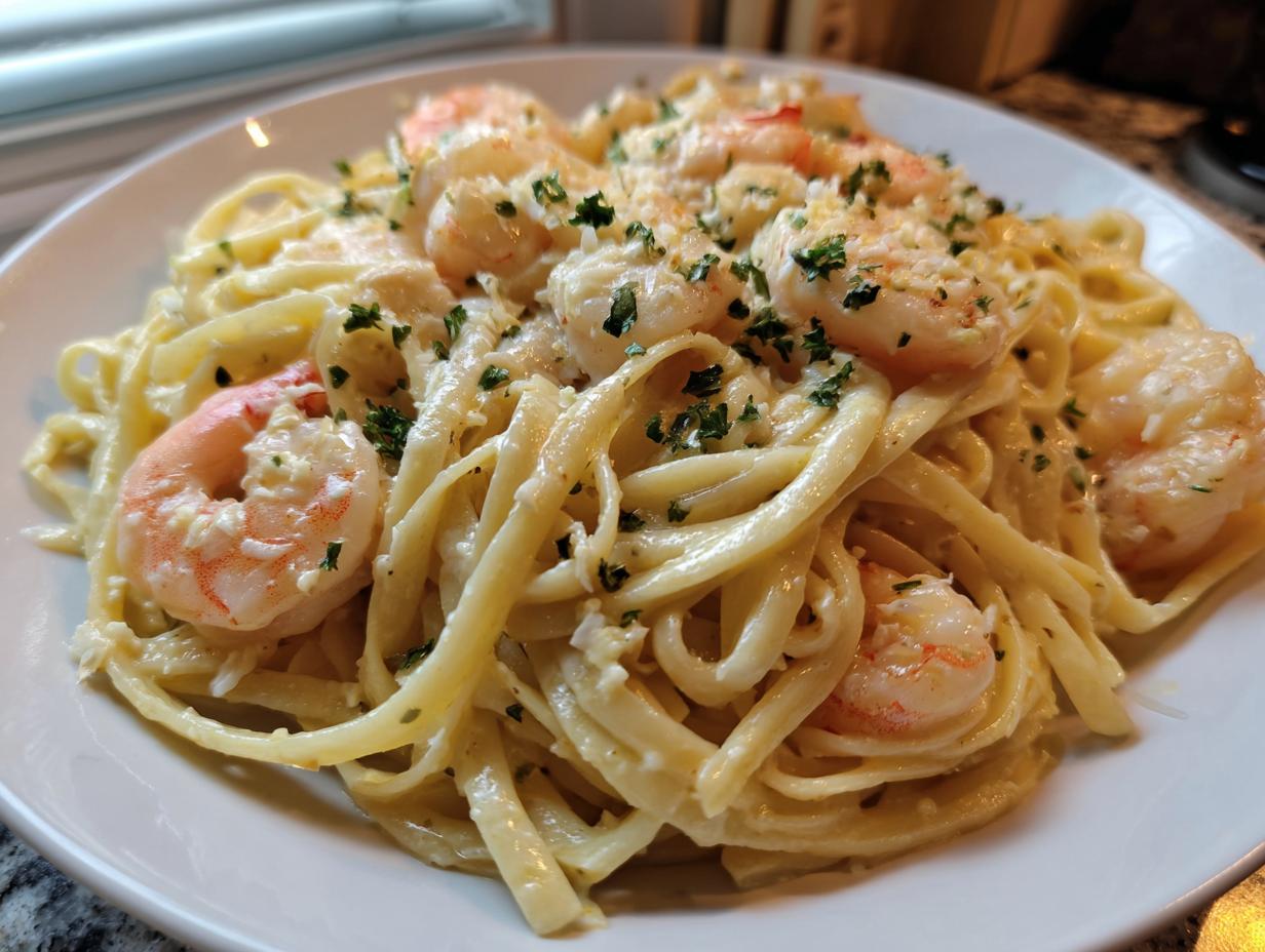 Close-up of a plate of creamy seafood pasta featuring fettuccine noodles and large shrimp, garnished with parsley.