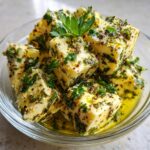 Close-up of cubed marinated cheese soaking in oil and covered with fresh parsley and spices.