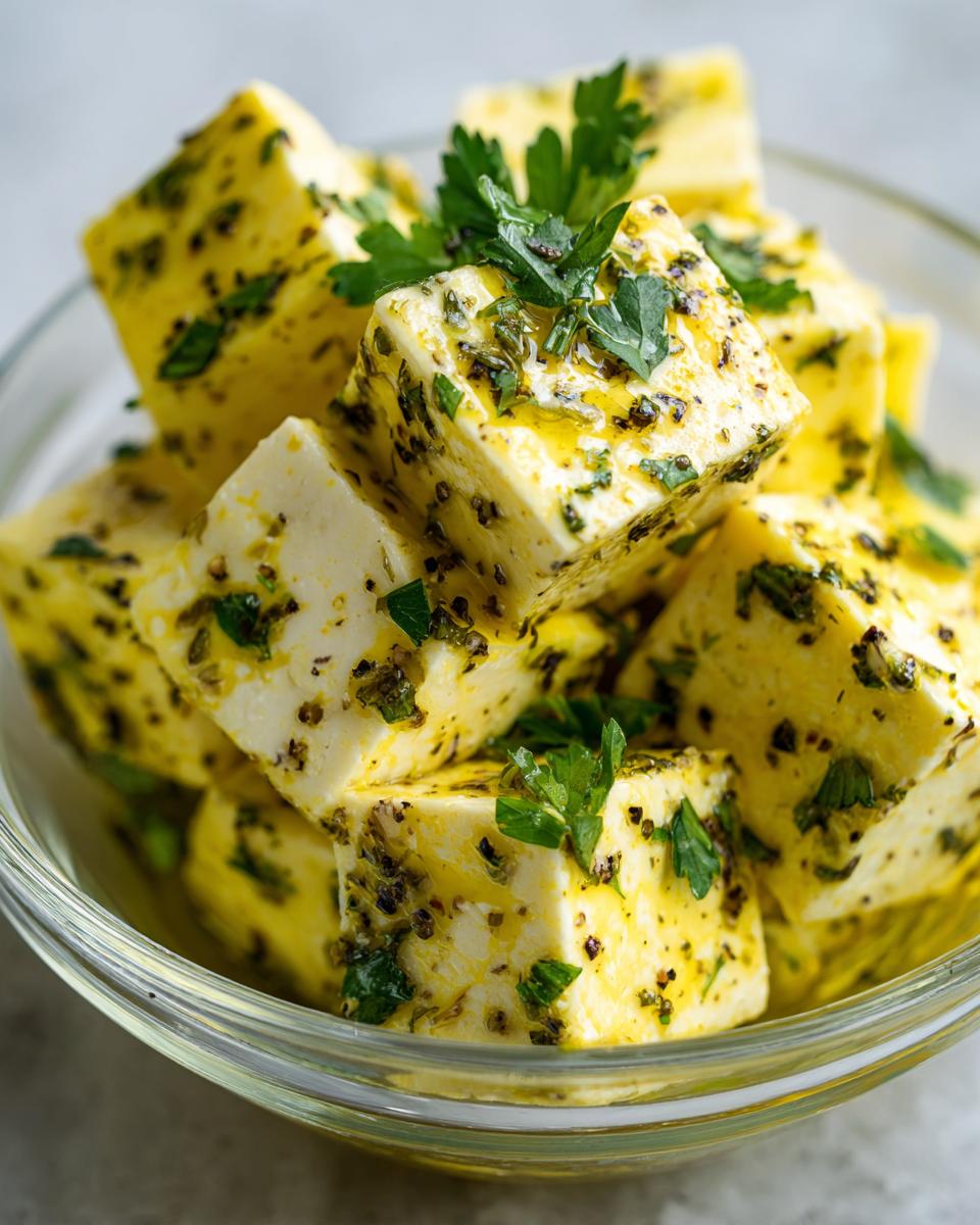 Close-up of cubed marinated cheese soaking in yellow oil with visible herbs and fresh parsley garnish.