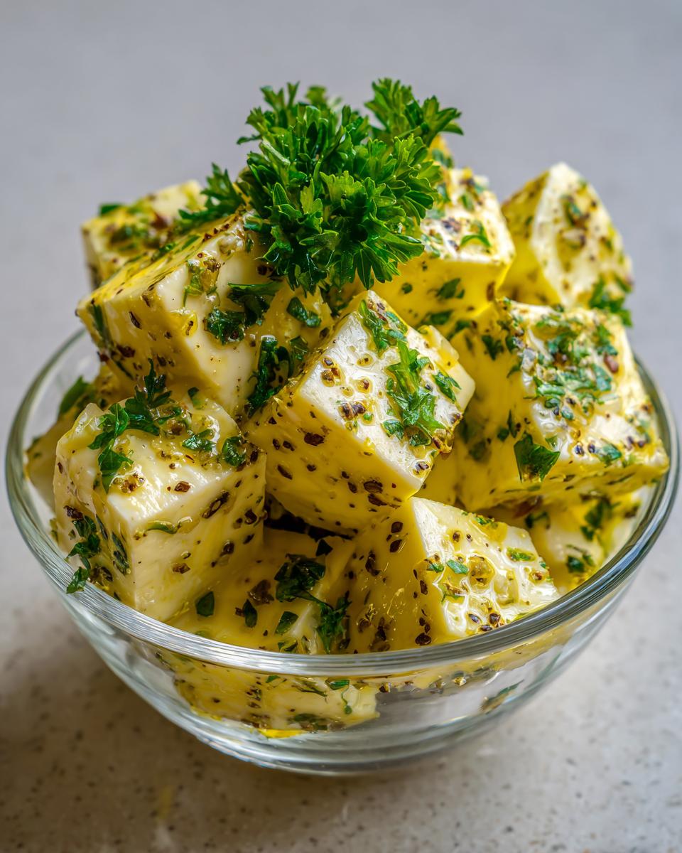 Close-up of cubed marinated cheese coated in oil, herbs, and spices, garnished with fresh parsley.