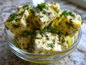 Close-up of cubes of marinated cheese soaking in olive oil and covered with herbs and spices.