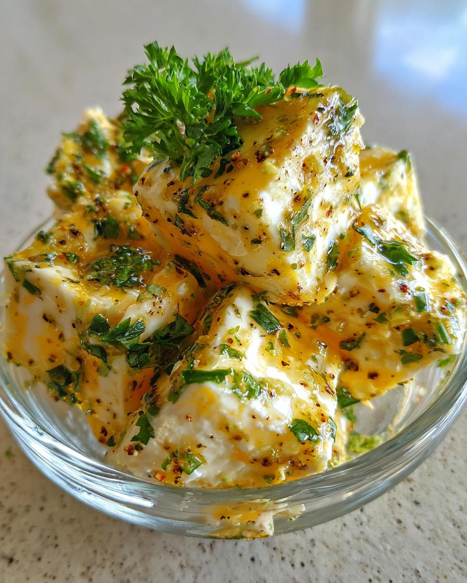 Cubes of white cheese generously coated in yellow oil, herbs, and spices, showcasing the delicious marinated cheese.